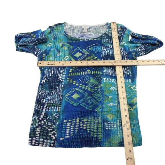 Chicos Women's Knit Top Size 1 Small 3/4 Sleeves Blue Green Aztec Cotton Rayon - Picture 2 of 5